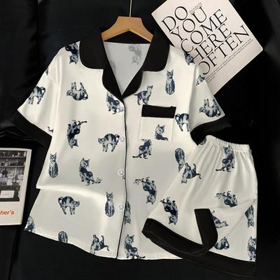 Cartoon Cat Print Ice Silk Pajamas Women'S Summer Short-Sleeved Cardigan Set Loungewear