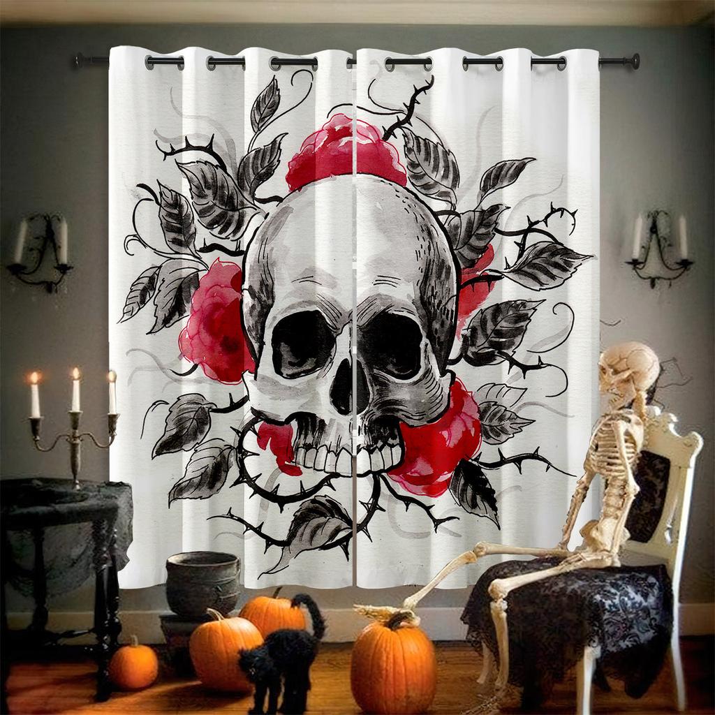 Horror Skull Floral 3D Printed Curtains Retro Gothic Curtains Halloween Party Decorative Curtains Home Decor 2 Pieces