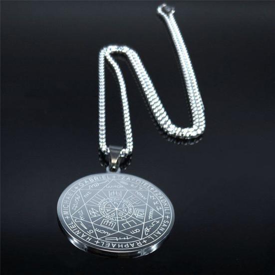 Men Necklace Seven Angel Amulets Chain Round Pendant Hollow Solomon Stainless Steel Electroplated Unisex