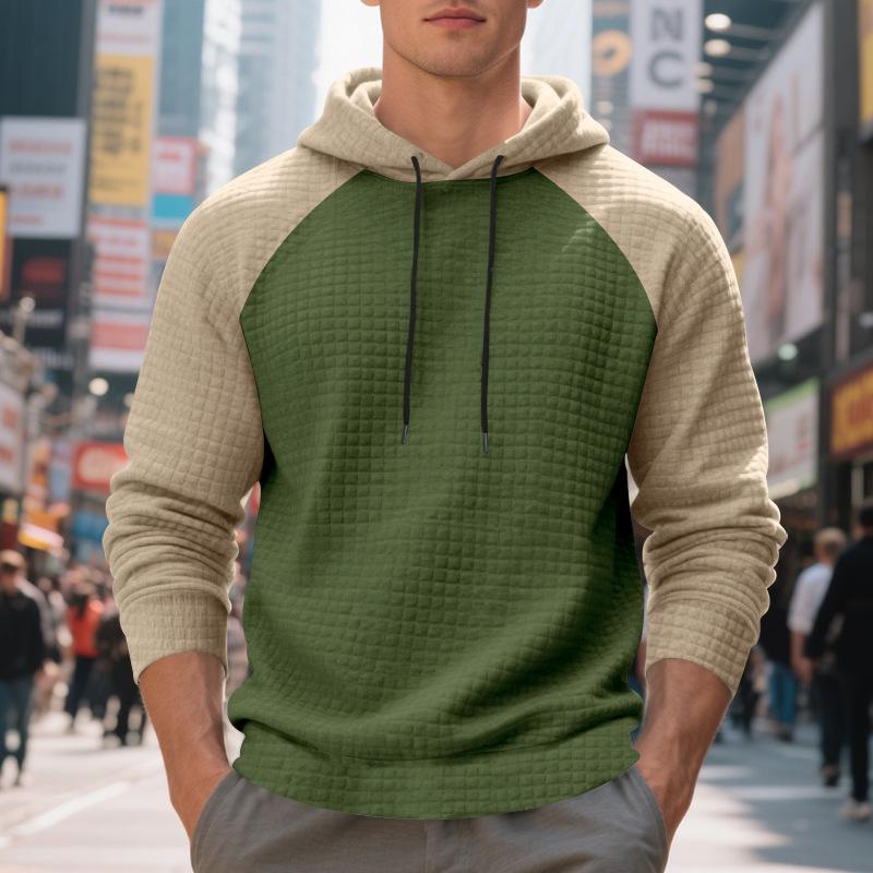 Autumn and Winter Hooded Men's Sweatshirt Jacquard Small Checkered Color Block Casual Raglan Sleeves Loose Top Men