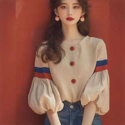 Dámské oblečení 2024 Raný podzim Meruňková lucernová rukáv - Elegantní francouzský design, Omlazující a stylové.