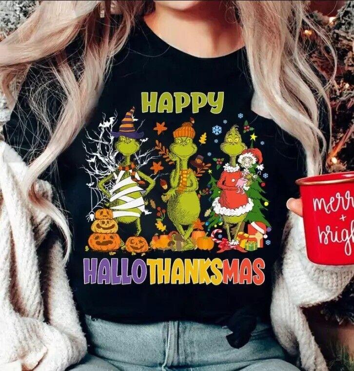 

Футболка Hallothanksmas, Футболка Merry Grinchmas, Смешная рождественская футболка с Гринчем XL