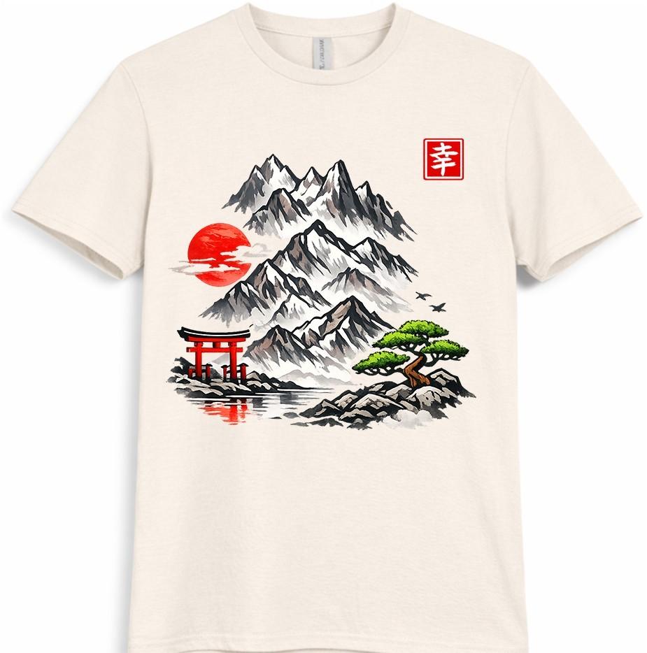 Japanese Landscape T Shirt Mountain Sakura Bonsai Art Graphic Tee