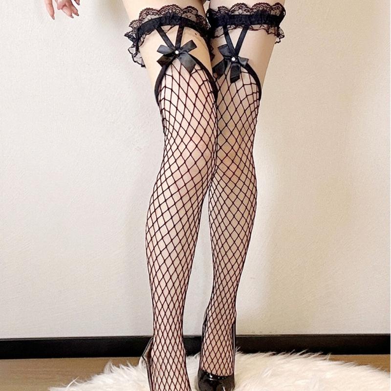 Lace Top Fishnet Stockings Sweet Bows Suspenders Thigh High Stockings for Women Girls