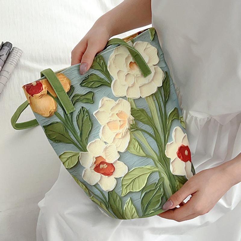 Yogodlns Nová Módní Květinový Vzor Kbelíková Taška Plátěná Ležérní Taška přes Rameno Velká Kapacita Kreativní Kabelka pro Ženy