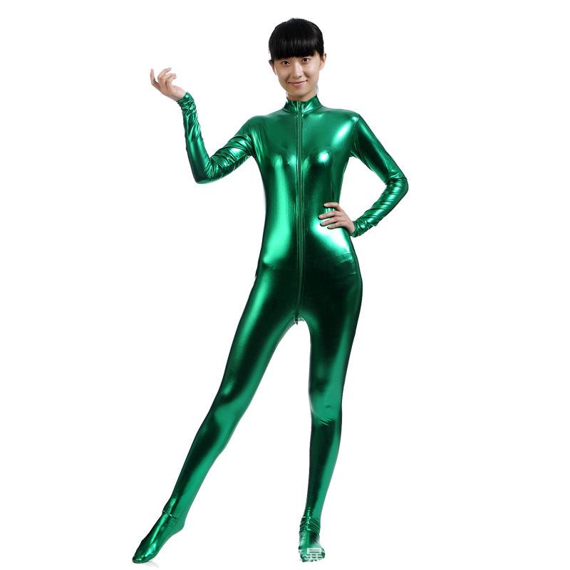 

Women s Solid Color High-Collar Coated Zentai Performance Suit with Front Zipper Adult L (160-170 cm) зелений
