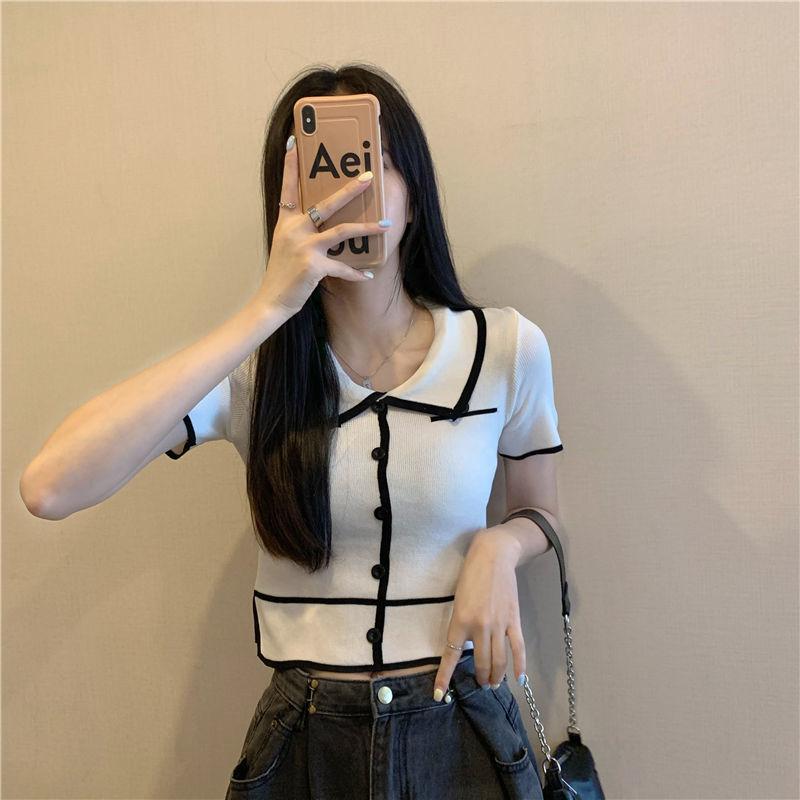 Polo Collar Short Sleeved T-shirt for Women's Summer Design Niche Slim Fit Short Top Spicy Girl Top Ins