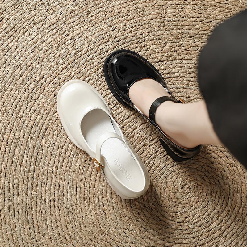 2025 New Korean Version One-word with High Heels and Light Mouth Single Shoes French Temperament Mary Jane Shoes Women's Spring Comfort and Versatil