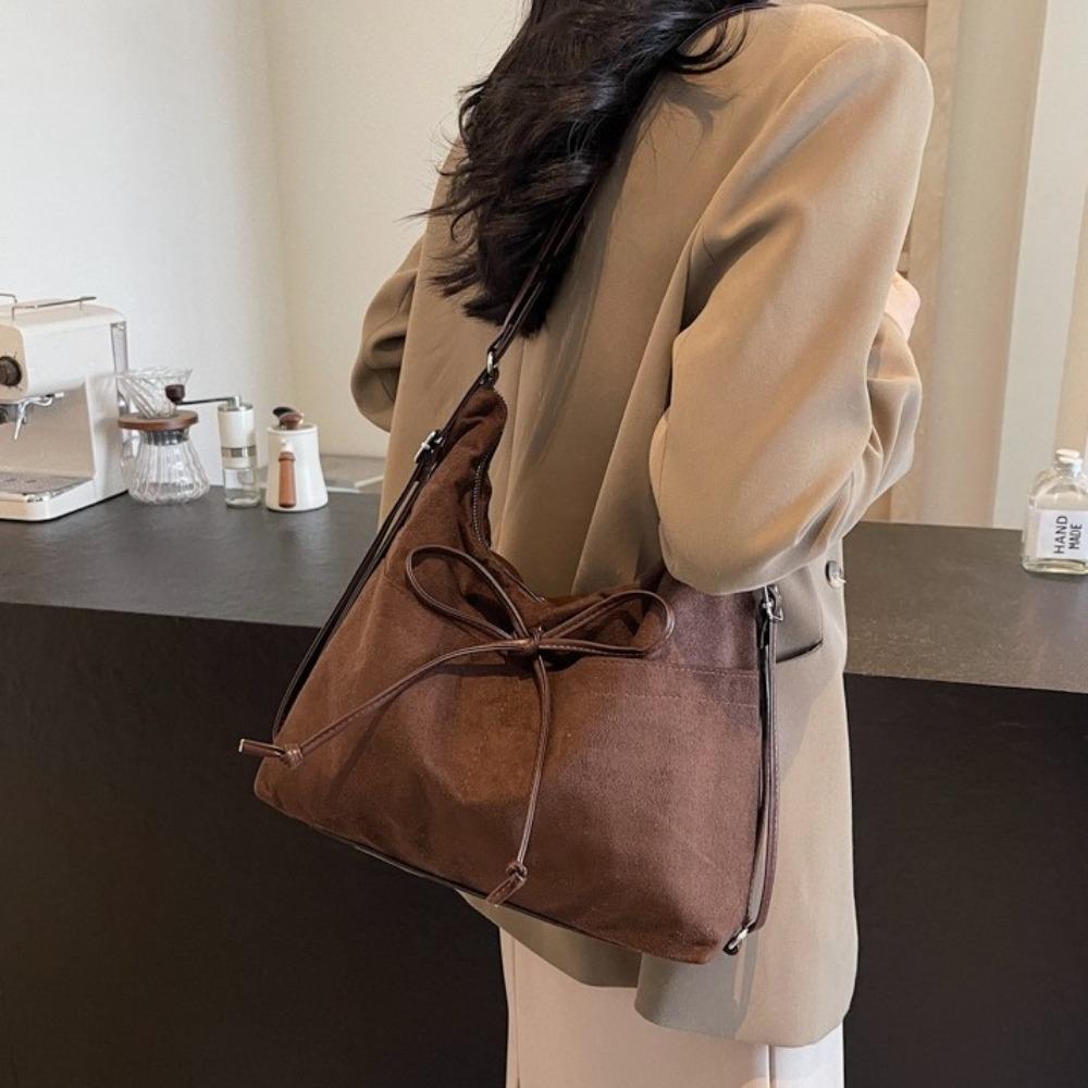 Large Capacity Bow Backpack Solid Color Shoulder Tote Bag Casual Suede Shoulder Bag Shopping