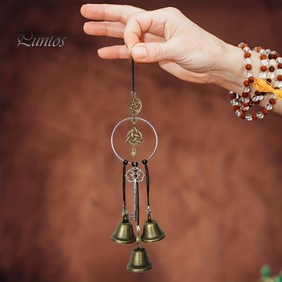 Artisan Crafted Metal Bell Witchy Door Handle Hanging Ornament, Handmade Vintage Wind Chime with Rustic Pendant Hemp Rope, Decorative for Boho