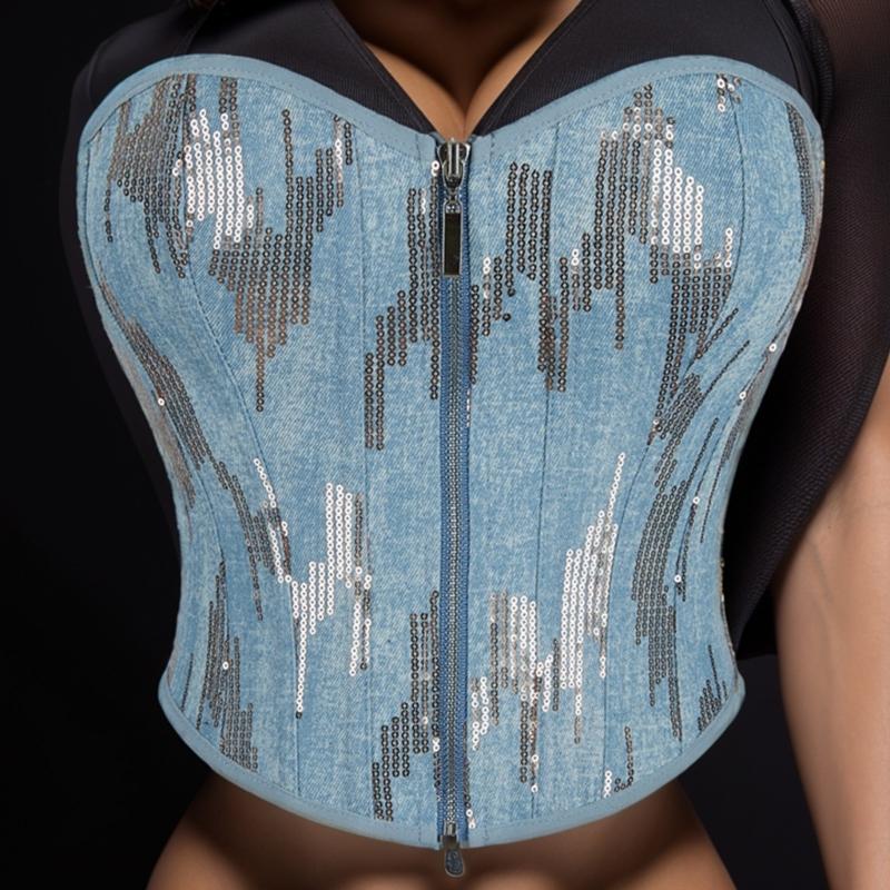 Girl Low Cut Strapless Vest Sexy Overbust Sequins Fishboned Corset Nightclub Banquets Party Body Slimming Strapless Vest