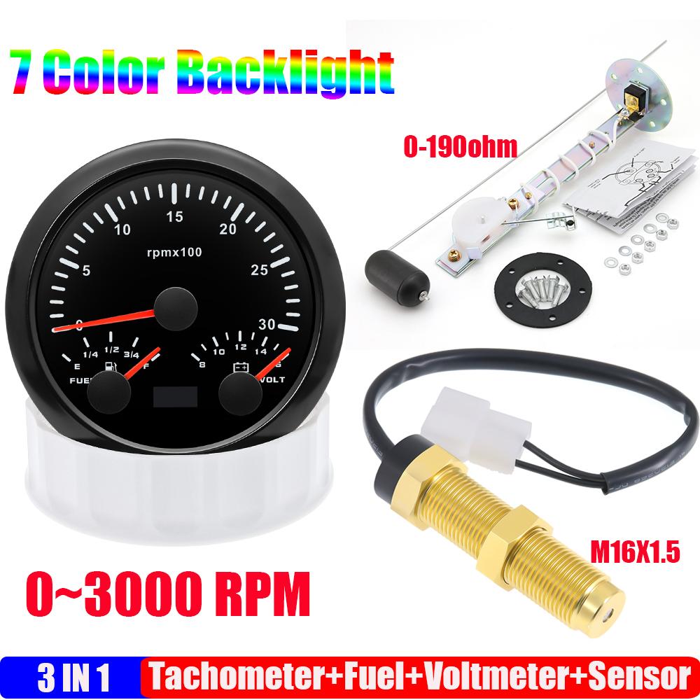 85mm Auto Car Gauge 3-in-1 Tachometer Fuel Level Voltmeter 7 Color Light Multimeter with Sensor 0-190ohm Boat/Yacht 12V