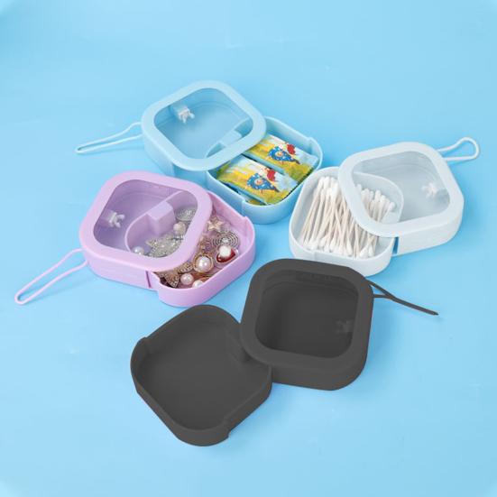 Caixa de joias giratória transparente com janela portátil para pendurar corda organizador de laços de cabelo suporte de cotonete de viagem dispensador de cotonetes caixa de acessórios para cabelo infantil