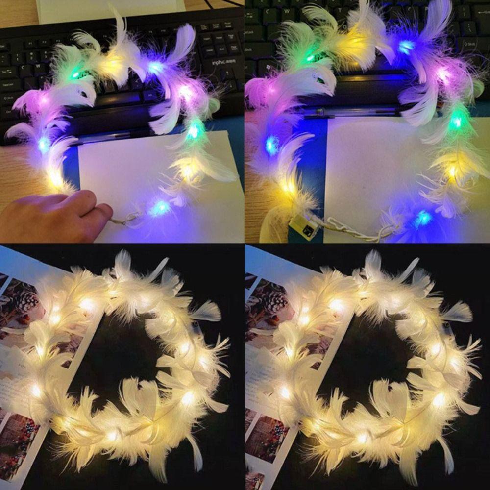 Glow White Feather Luminous Garland New Year Women Hairband Elegant LED Feather Headband Party