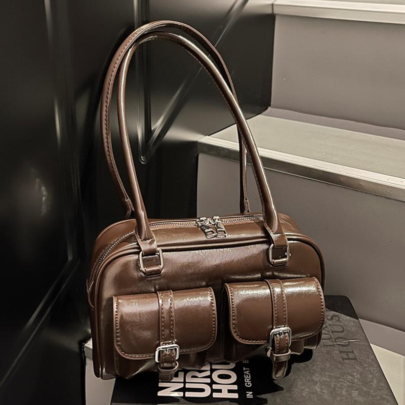 2025 Winter Retro PU Leather Double Pockets Underarm Bags For Women Y2K New Korean Fashion Female Shoulder Bag Stylish Handbags
