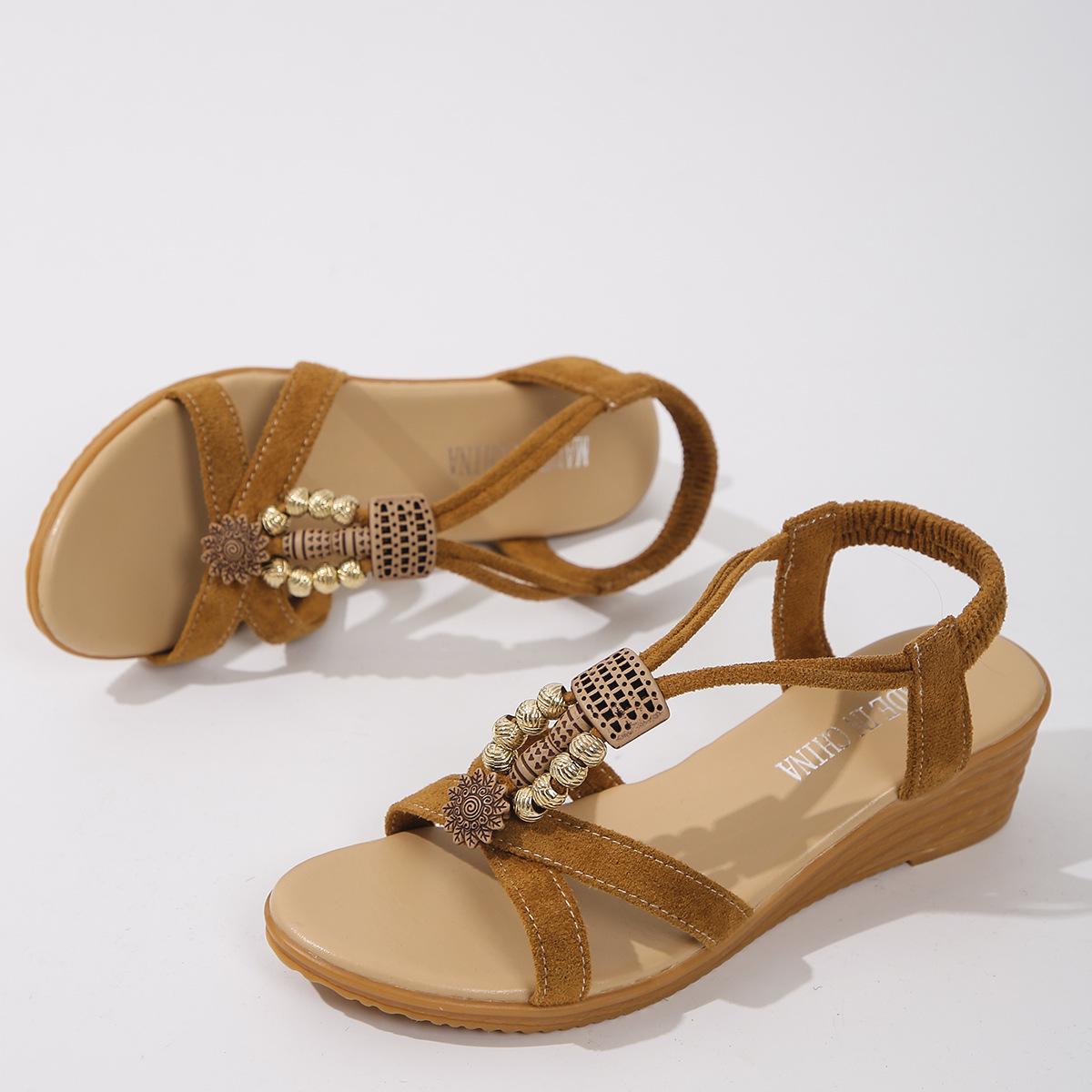 

2024 Women’s Plus Size Beaded Bohemian Wedge Sandals - Open Toe Summer Beach Footwear 41 коричневый