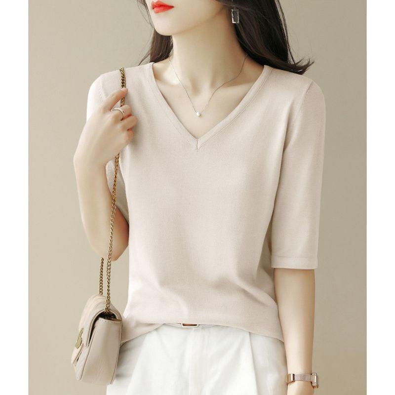 

Women s Clothing V-neck Half Sleeves T-Shirt French Classy Thin Basic Shirt