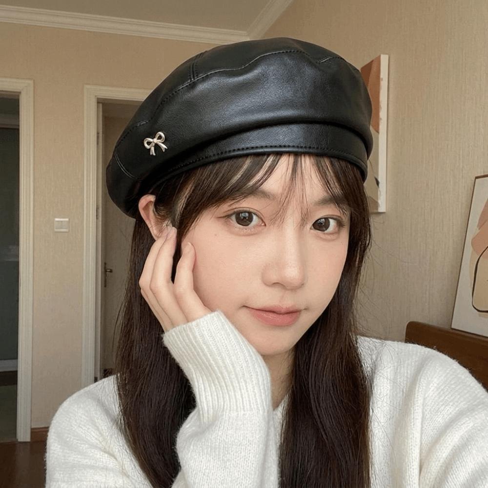 Bow Octagonal Hat Solid Color Painter Hat Fashion PU Leather Beret Ladies