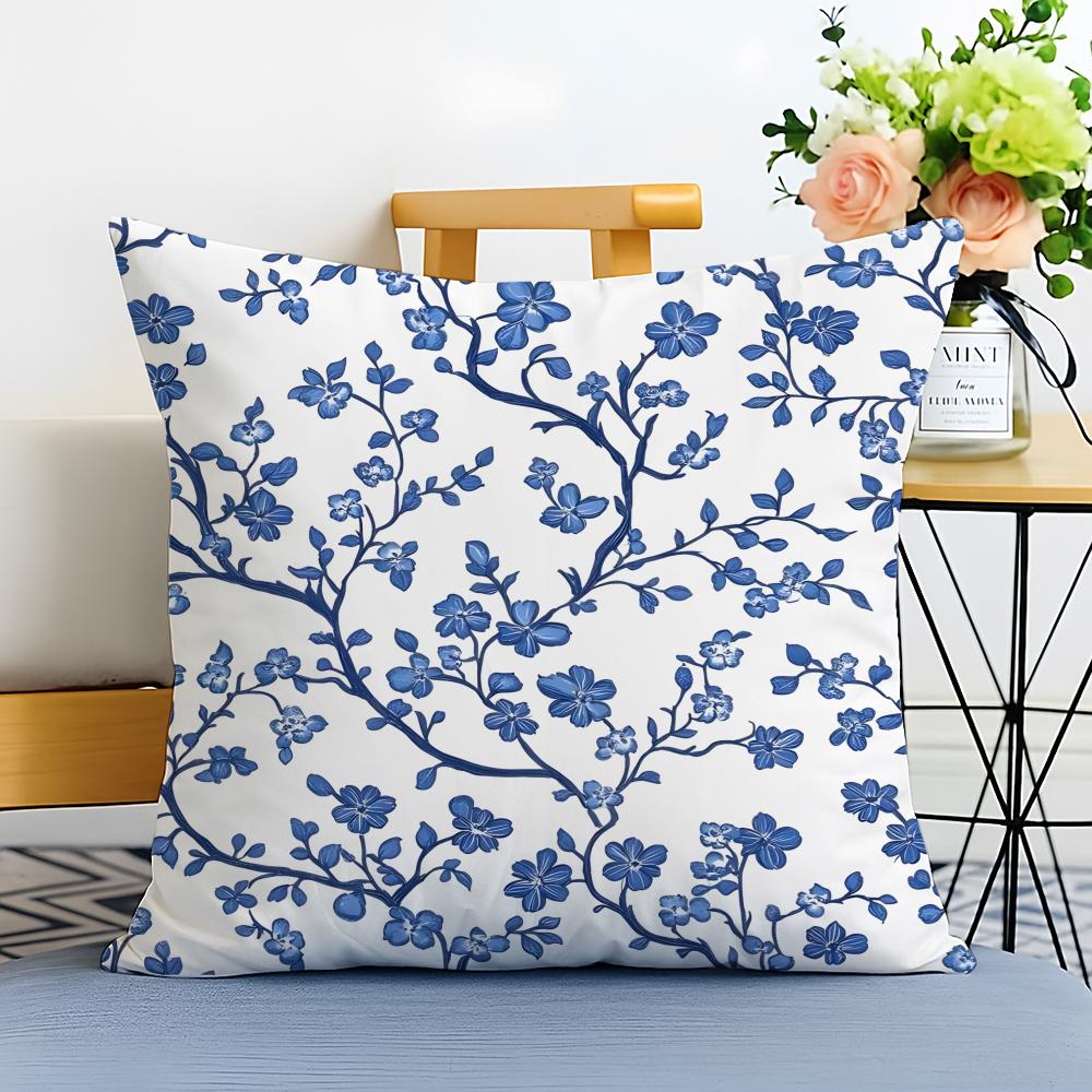 Blue and White Porcelain Cushion Cover Washable Linen Pillowcase Soft for Sofa Bed Cozy Home Room Decor