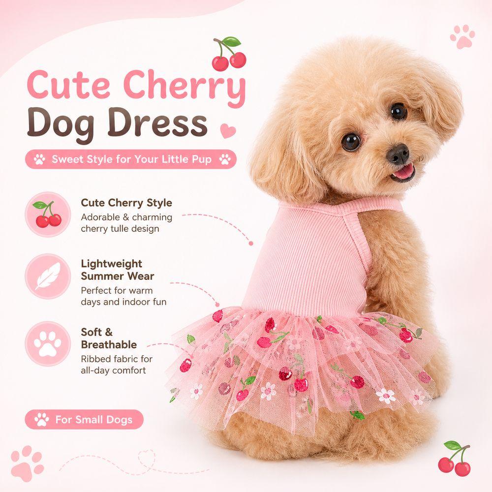 Lace Puppy Skirt Dress Cherry Print Pet Suspender Dress Cute Pet Dog Dress Puppies and Cats