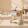 Wooden Push Cart Young Child with Cloth Basket Stable Infant Pusher for