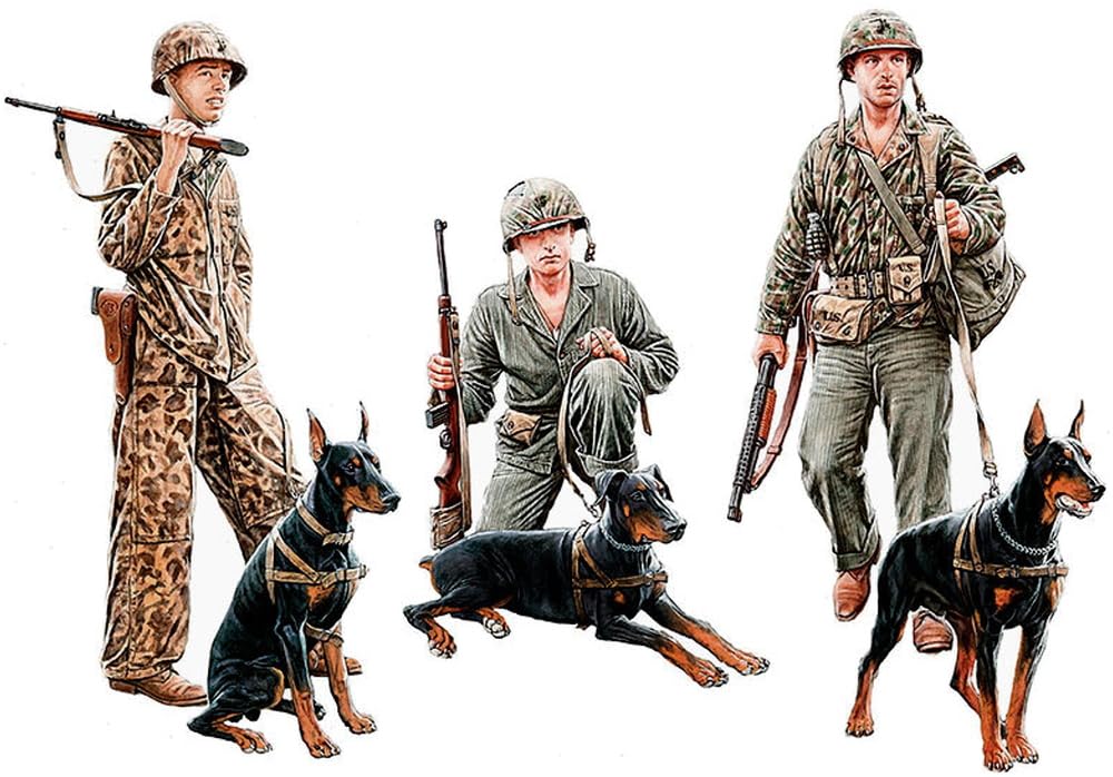 Master Box 1/35 Scale US Marine Corps (3 Figures) Pacific War Doberman Pinscher Plastic Model Kit MB35155