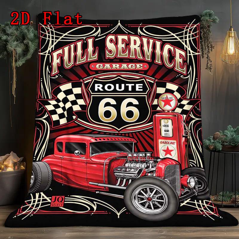 Vintage Route Classic Car 2D Flat Pattern Flannel Blanket High Quality All Seasons Warmth and Comfort Perfect for Christmas Gifts.