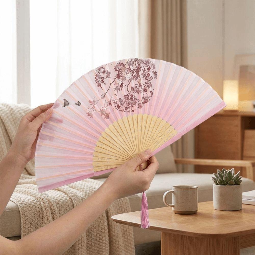 Durchscheinender Seiden-Bambus-Fächer Handfächer Tanzfächer Tragbarer Chinesischer Handfächer Kulturelle Veranstaltungen