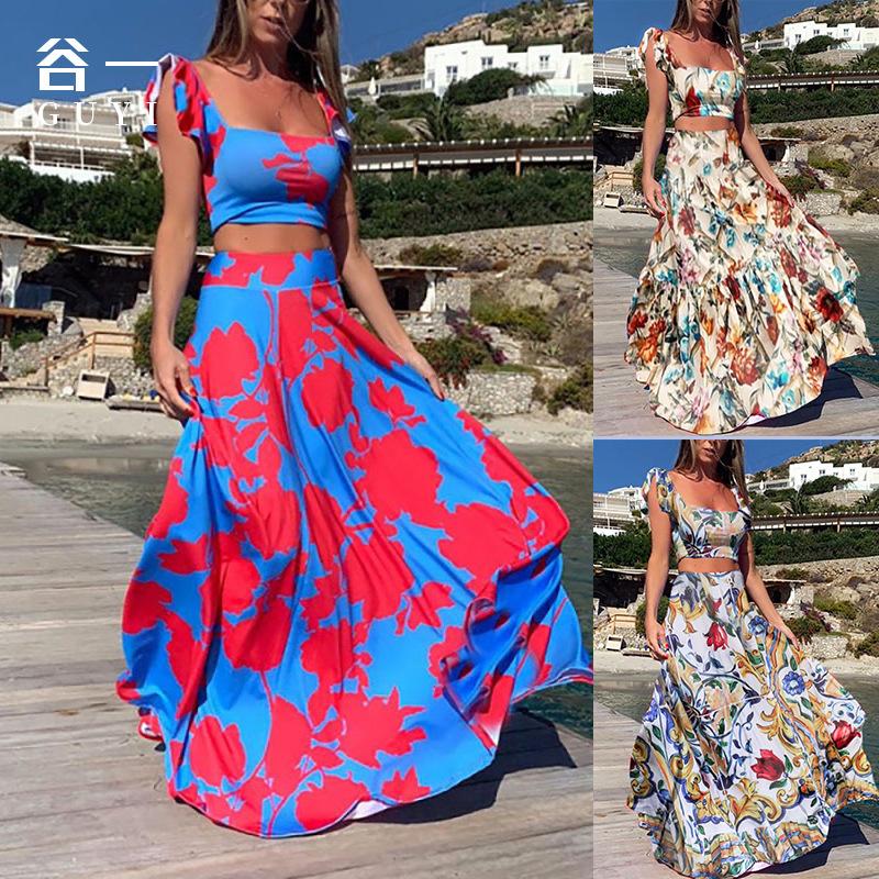 2025 Summer New Waist Top Fashionable and Sexy Printed Dress Long Dress Two-piece Set