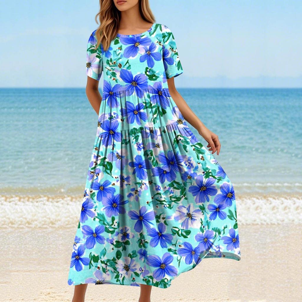 Damen Sommer Rundhals Kurzarm Geblümtes Boho Lockeres Kleid