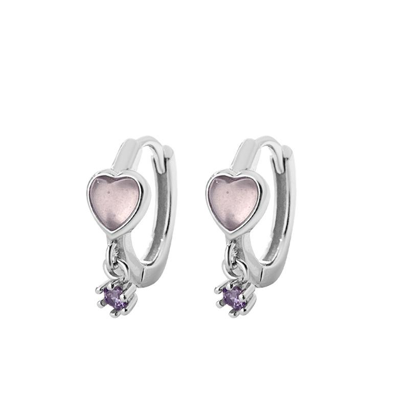 Sweet Pink Love Purple Diamond Ear Buckles Small Heart-shaped Earrings for Women Light Luxury High-end Earrings