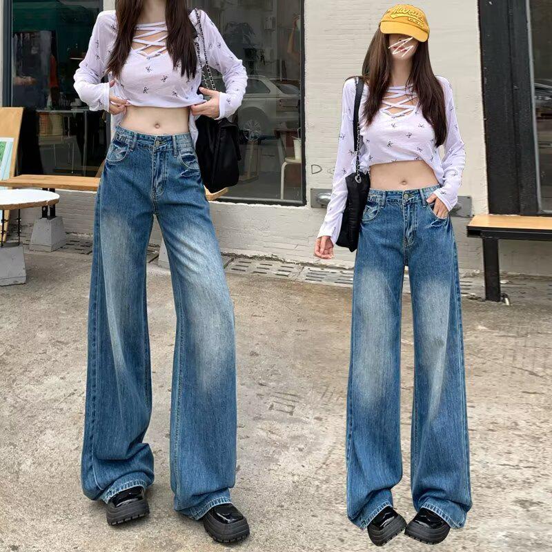 

2024 Осень Ретро Выбеленные Голубые Джинсы Клеш Винтаж Длинные Брюки из Денима Large синий