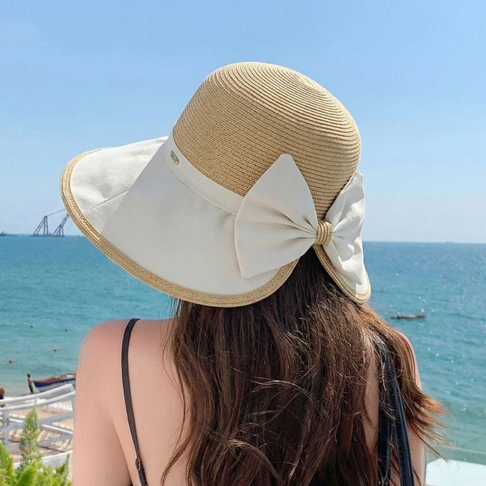 Weave Bow Fisherman Hat Large Bow Straw Hat Elegant Sunscreen Bucket Hat  Summer