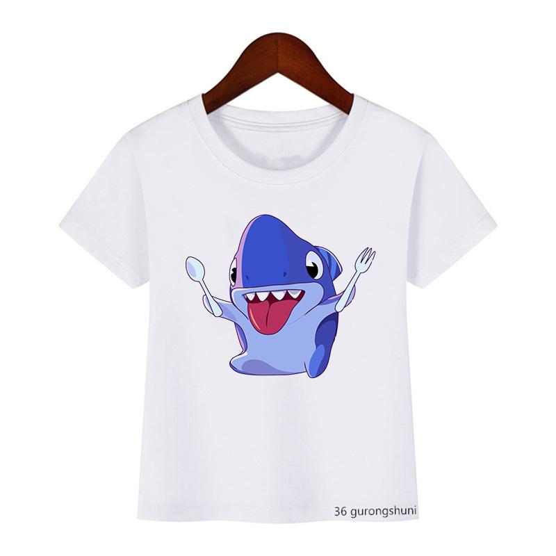 Cute Boys Girls Kawaii Sharking with Sharkdog Cartoon Print Children'S Tshirt Summer Baby Clothes White Short Sleeve Tops