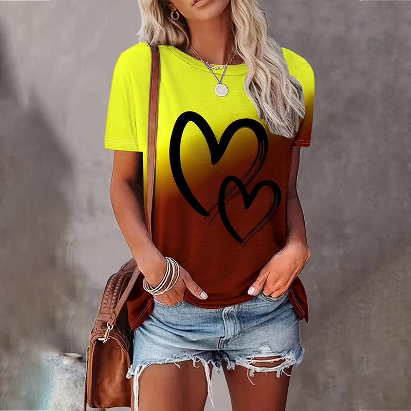 Summer Color Gradient Heart 3D Print T-shirts Women Streetwear Casual Fashion Y2k Short Sleeve T Shirt O-neck Tees Tops Clothing