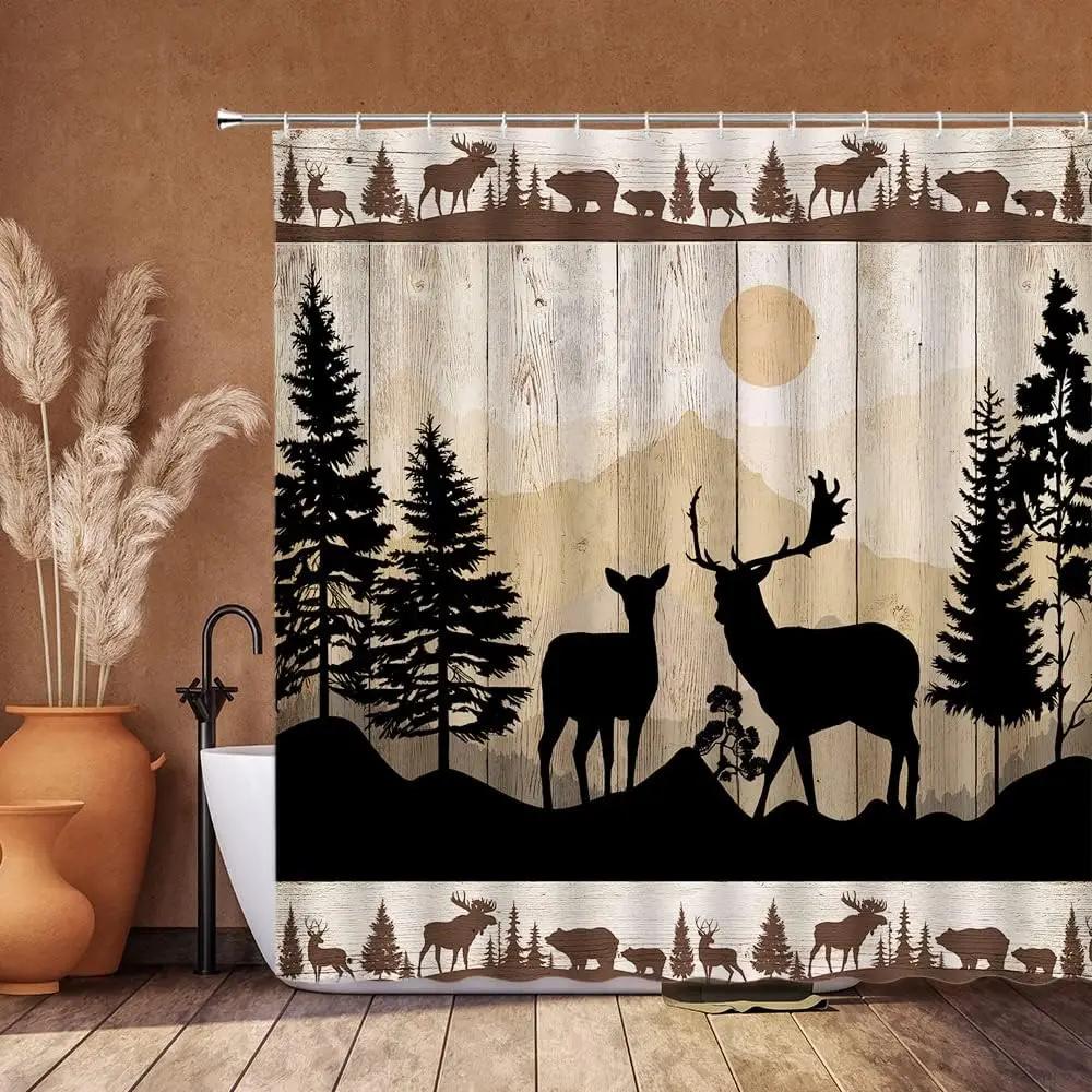 unframed Fall Forest Shower Curtain, Farm Animals Bear Deer Vintage Wooden Barn Planks Wild Nature Mountain Sunset, Bathroom Dec 90x180cm-35x70in