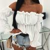 Women Sexy Solid Color Long Sleeve Off Shoulder Ruffled Edges Short Blouse Top