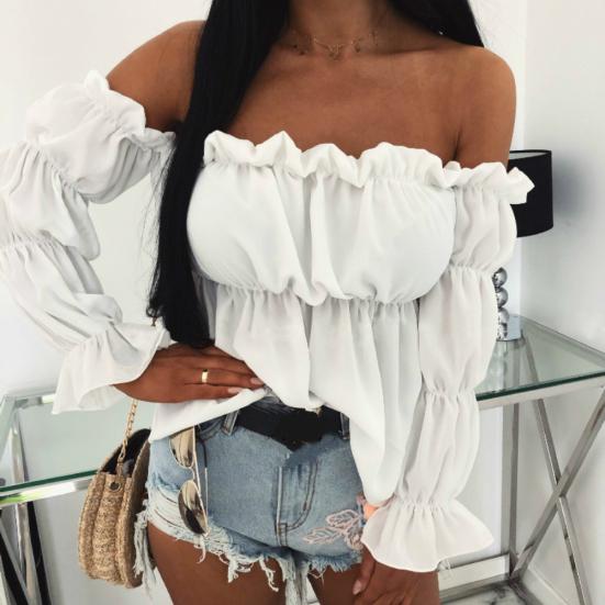Women Sexy Solid Color Long Sleeve Off Shoulder Ruffled Edges Short Blouse Top