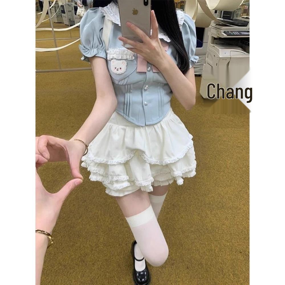 

Women s Spring Puff Sleeve Top & Suspender Skirt Two-Piece Set S (up to 90 catties)