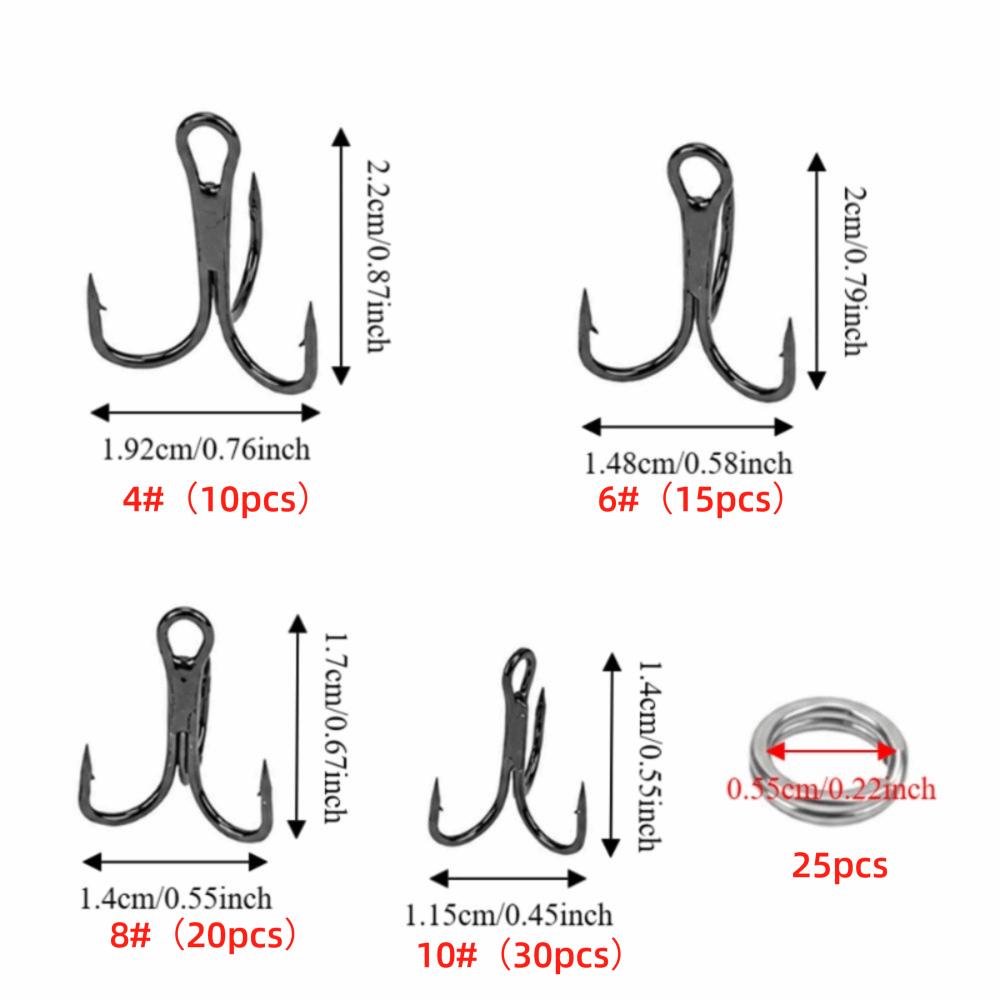 

100PCS with Double Split Rings Treble Fishing Hooks Strong Sharp Barbed Hook Set Saltwater Fishing чёрный