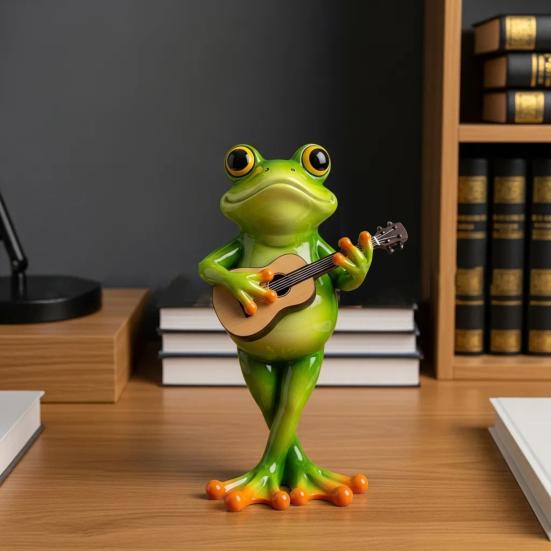 Yousheng Frog Musician Statue Hand-Engraved Frog Ornament with UV Coating Mini Resin Figurine Playing Musical Instrument Garden Decor