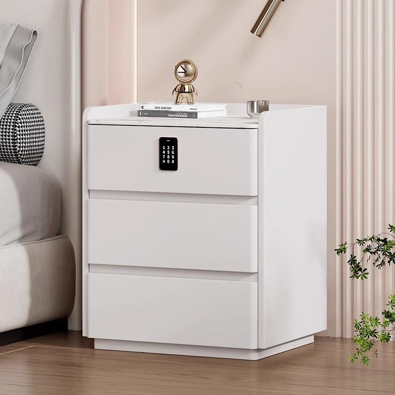 Modern Minimalist Solid Wood Nightstand Cream Style Bedside Table with Wireless Charging Hub Storage Cabinet for Bedroom
