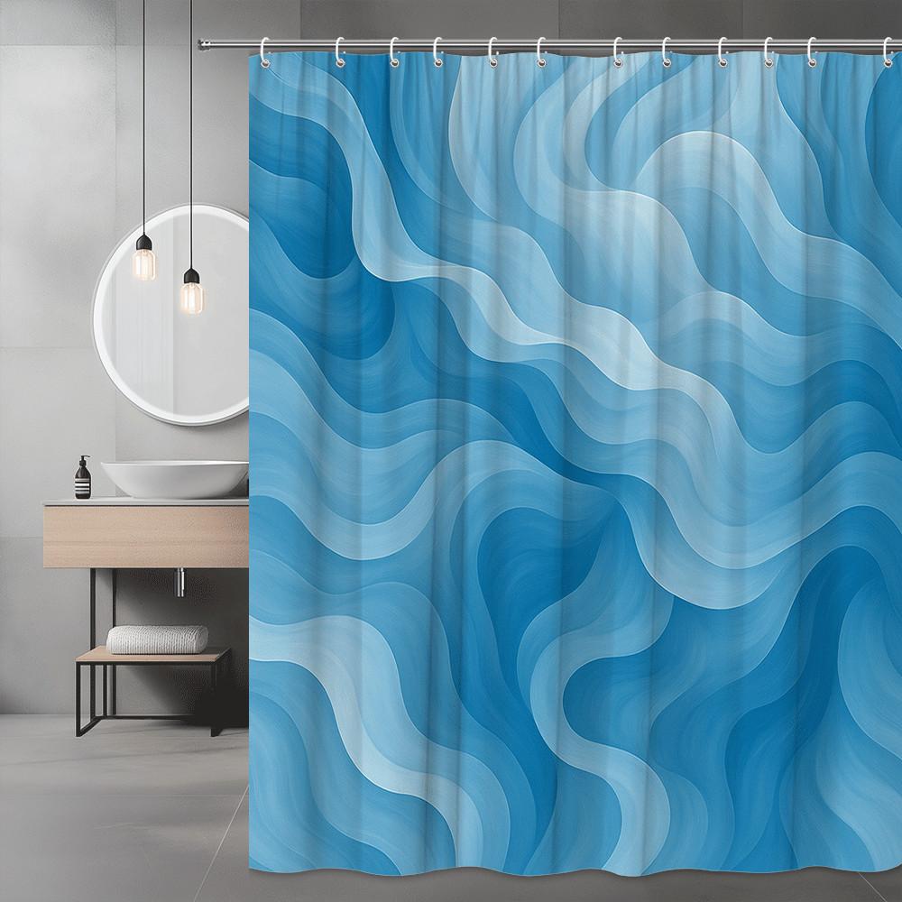 Blue Wave Pattern Shower Curtain Machine Washable All Season Waterproof Privacy Protection Abstract Design Modern 12 Hooks