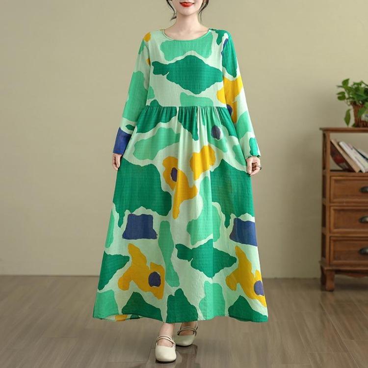 New Vintage Floral Maxi Dress Women Plus Size Spring Long Sleeve Loose Oversize Basic Long Dress