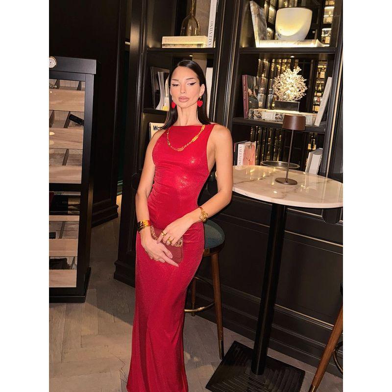 Cnyishe Elegant Graceful Fancy Accessible Luxury Long Dress Red Slim Fit Open Back Sling Dress