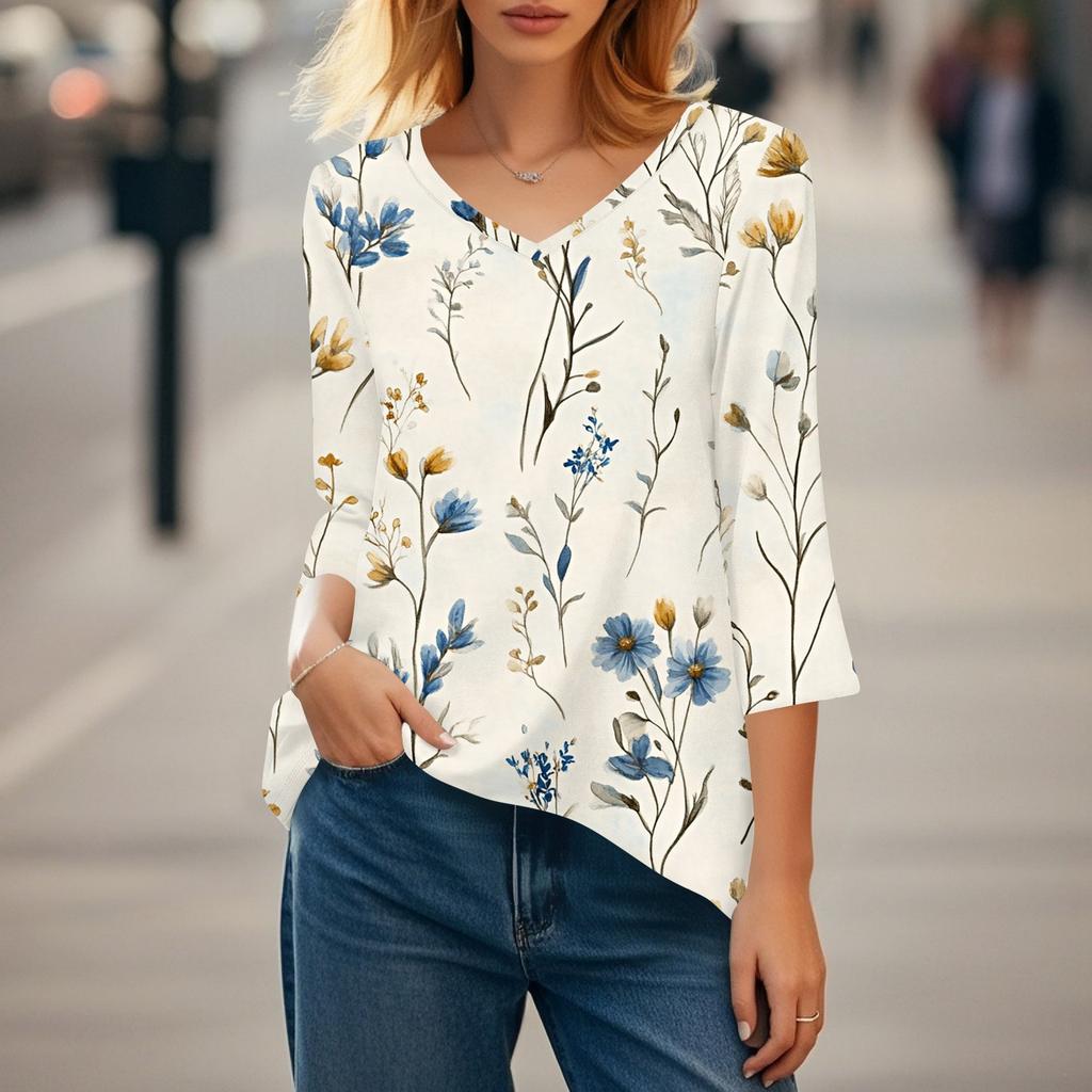 Dámské topy s výstřihem do V a 3/4 rukávem, ležérní košile střední délky, módní tuniky s potiskem