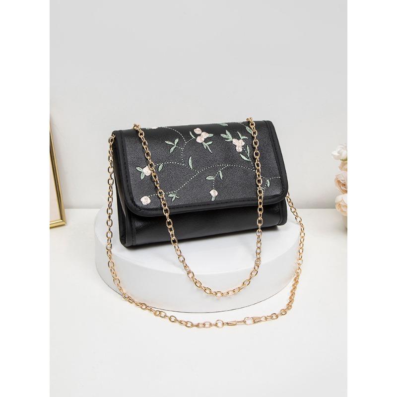 New sweet flower embroidered small square bag simple and fashionable women's chain messenger bag shoulder bag mobile phone bag
