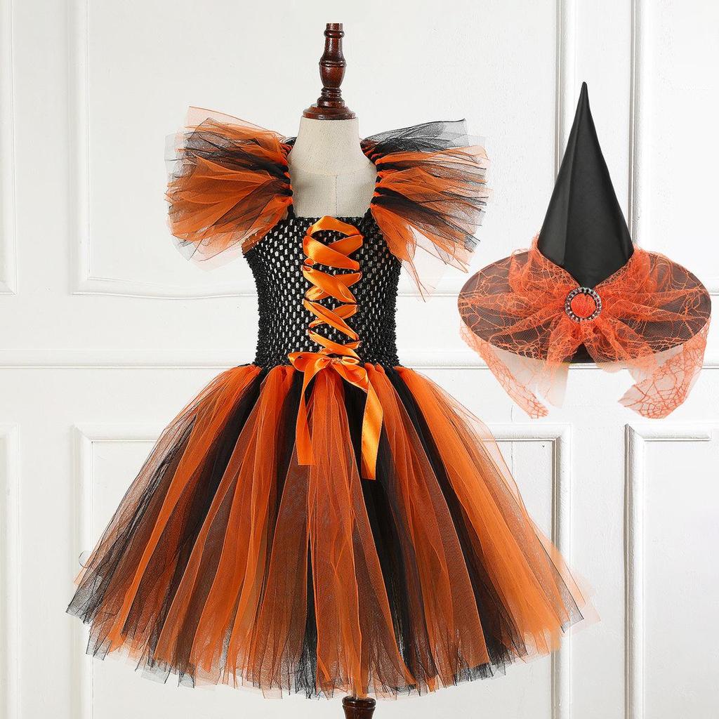 Tutu Dress Witch Costume Set for Kids with Hat and Broom - Halloween and Cosplay Outfit
