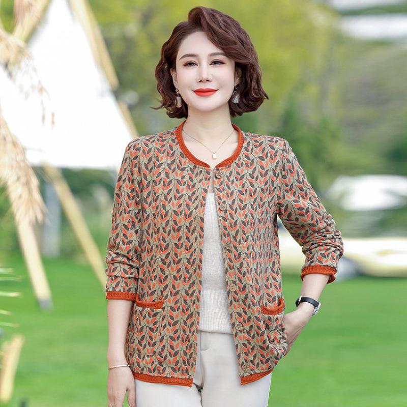 

Стильный кардиган с цветочным принтом и длинным рукавом для женщин среднего и пожилого возраста - весенне-осенняя куртка свободного кроя 4XL suitable for 135-150 jin хаки