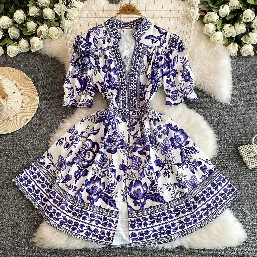 Summer Women Designer Vintage Print Runway Dress Elegant V-neck Single Breasted Party Dresses